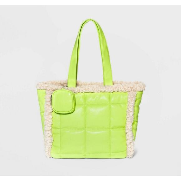 Wild fable neon green carryall tote cozy sherpa handbag - Picture 1 of 12